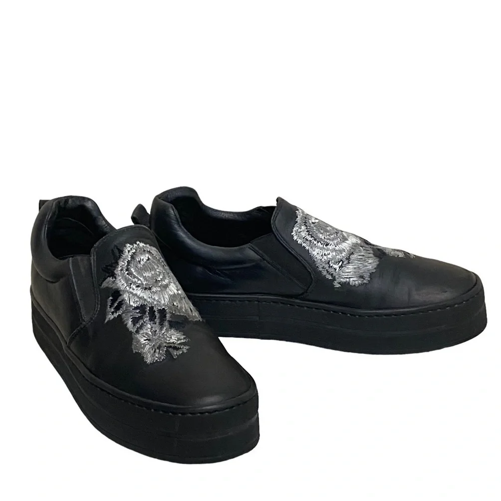 Gabriella Michel Black Leather Slip On Platform Sneakers Embroidered Siz…